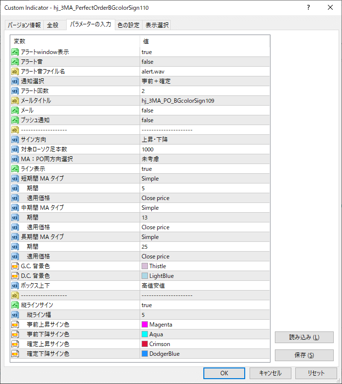 MA3本パーフェクトオーダー領域背景色変更インジケータVer.1.10｜パラメーター